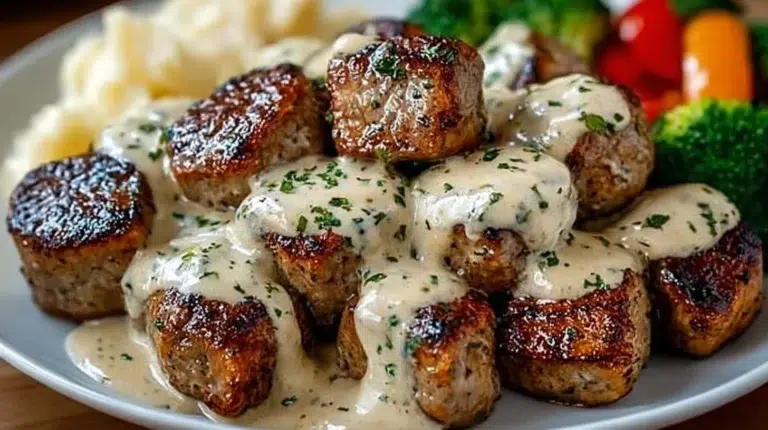 Garlic Butter Steak Bites served with rich Parmesan cream sauce