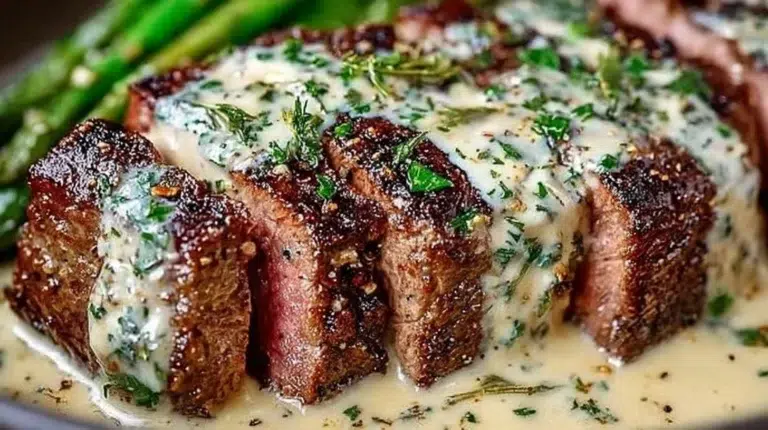 Delicious Garlic Butter Steak topped with creamy Parmesan sauce on a plate