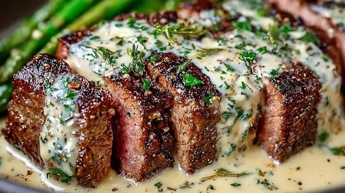 Delicious Garlic Butter Steak topped with creamy Parmesan sauce on a plate