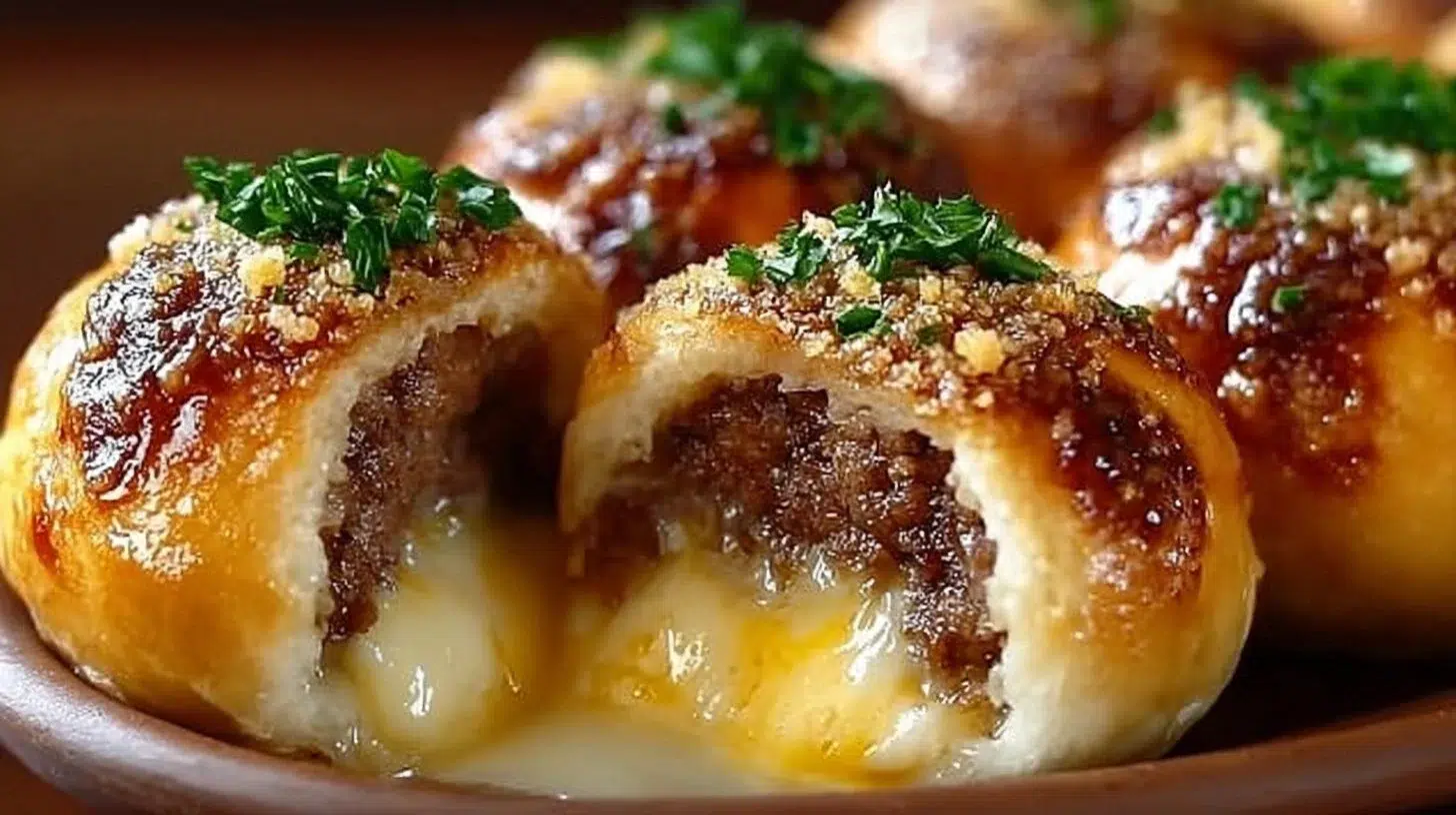 Garlic Parmesan Cheeseburger Bombs on a platter, garnished and ready to serve