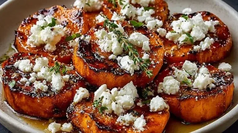 Gourmet honey feta sweet potato rounds garnished with herbs