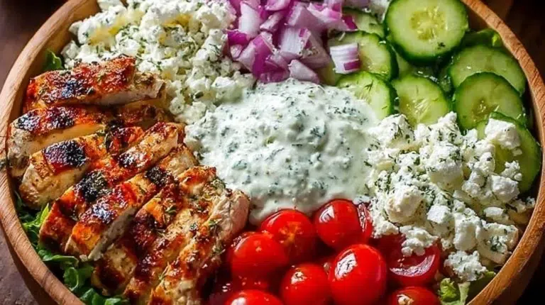 Healthy Greek Chicken Bowls with fresh vegetables and grains