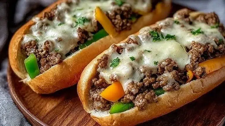 Delicious ground beef Philly cheesesteaks served with melted cheese and peppers