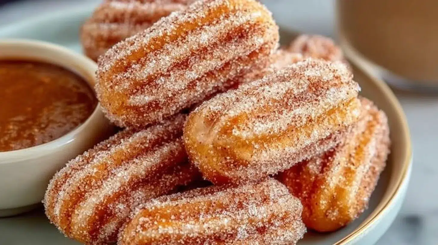 Healthy baked churro bites in a bowl, dusted with cinnamon and sugar.