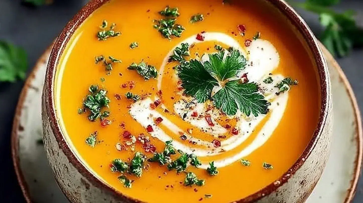 Bowl of healthy butternut squash soup garnished with herbs