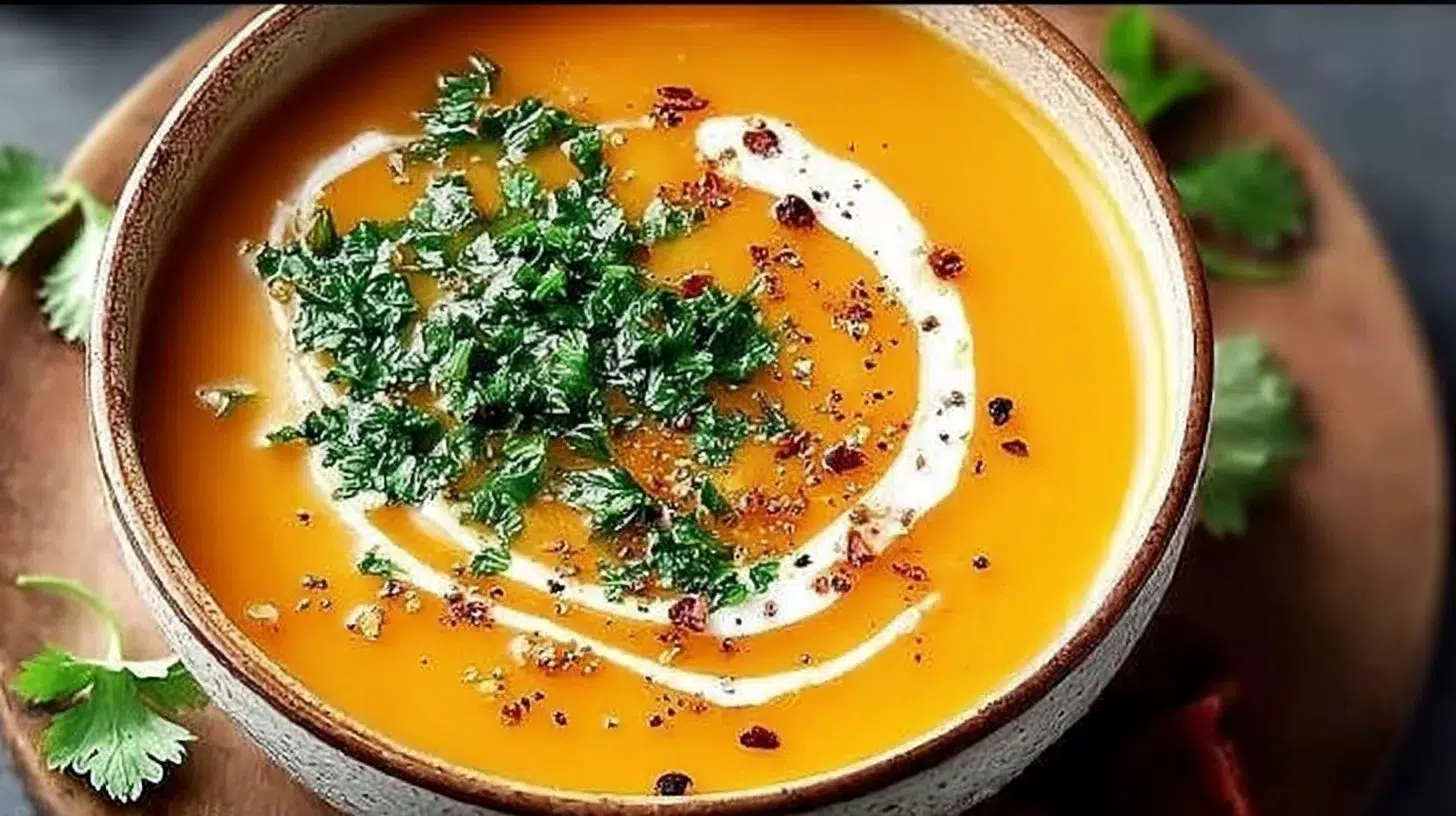 Bowl of healthy butternut squash soup garnished with herbs