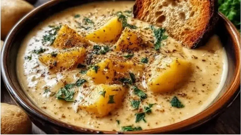 Bowl of hearty cheddar garlic herb potato soup garnished with herbs
