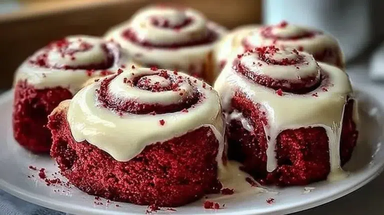 Heavenly red velvet cinnamon rolls topped with cream cheese icing