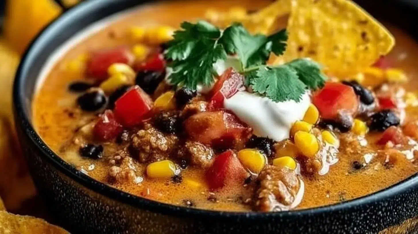 High protein creamy taco soup in a bowl with toppings