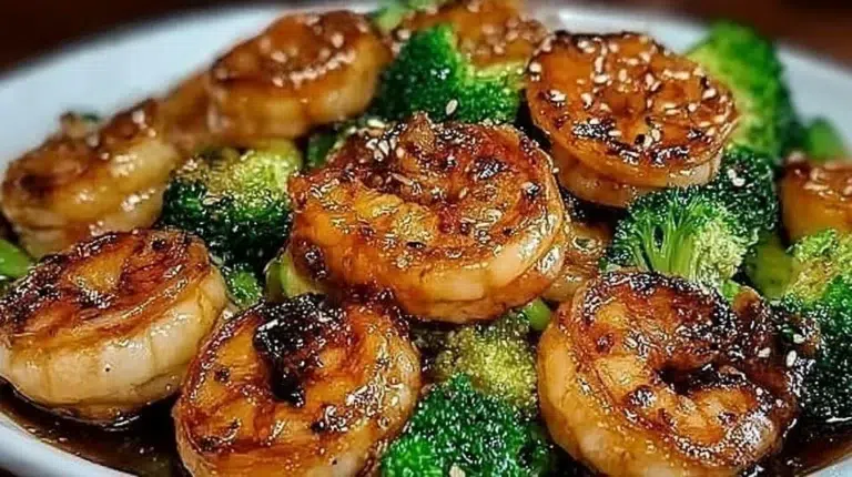 Delicious high-protein honey garlic shrimp served on a plate with vegetables.