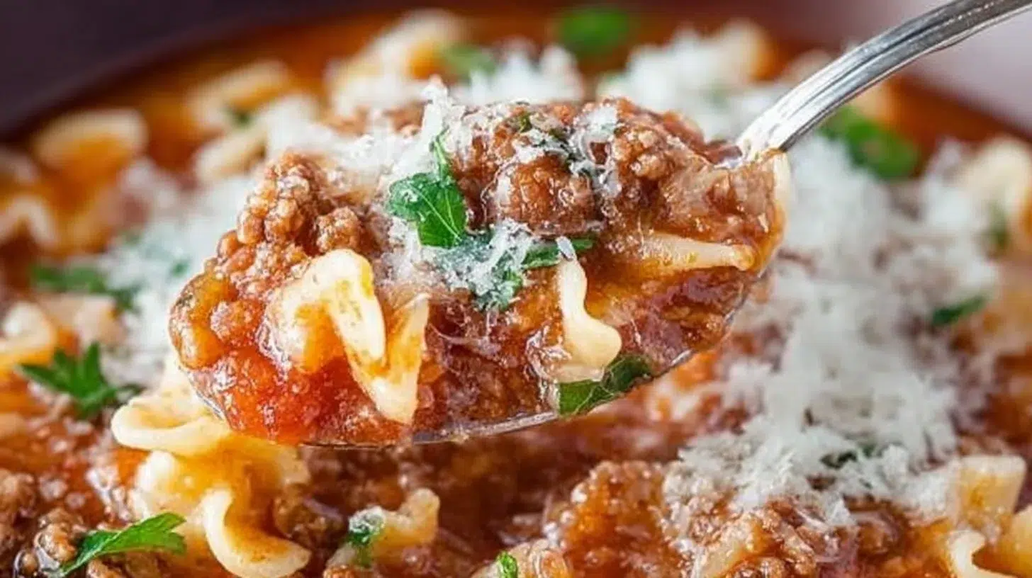 Bowl of high protein lasagna soup topped with cheese and herbs