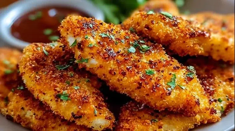 Homemade baked chicken tenders on a plate with dipping sauce