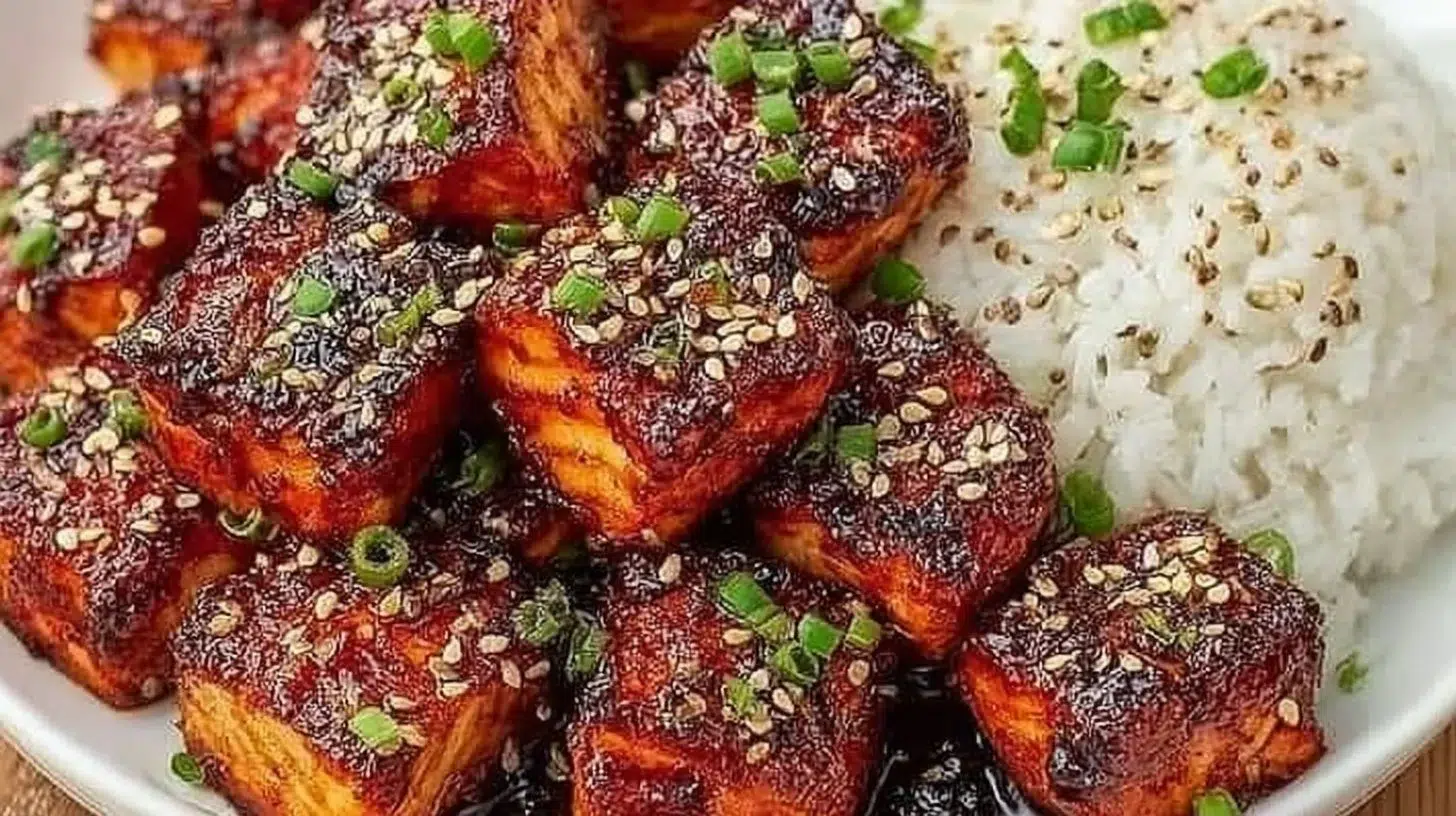Honey Garlic Salmon Bites cooked and garnished on a plate