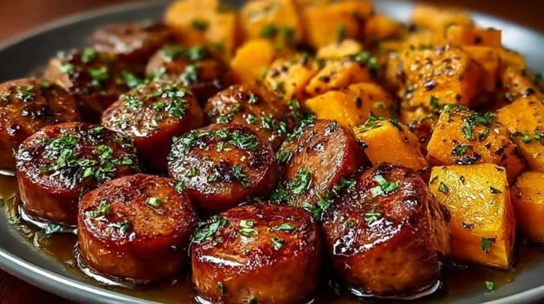 Honey Garlic Sausage served with roasted sweet potatoes