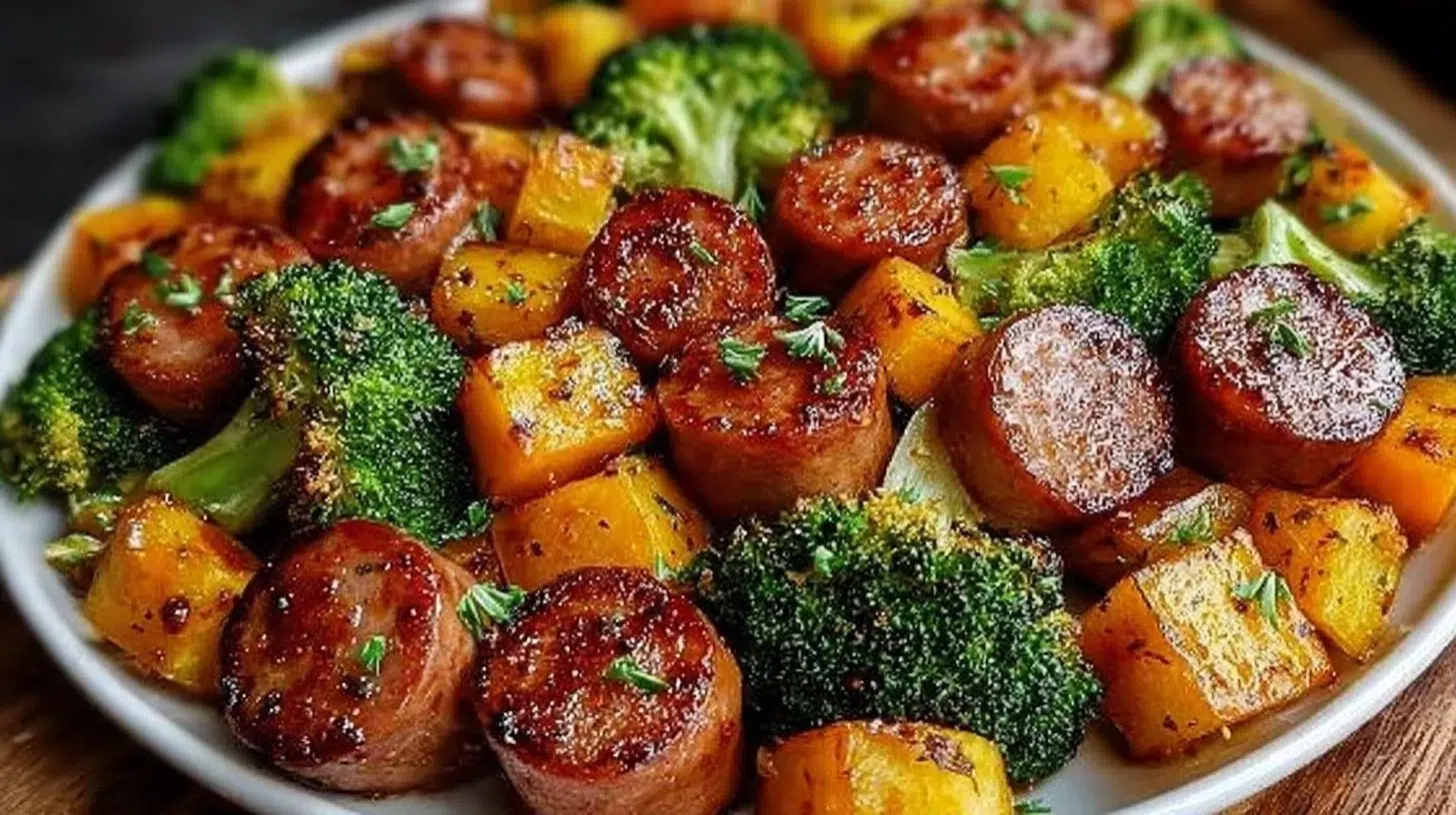 Honey Garlic Sheet Pan Sausage dish featuring savory sausage and vibrant vegetables.