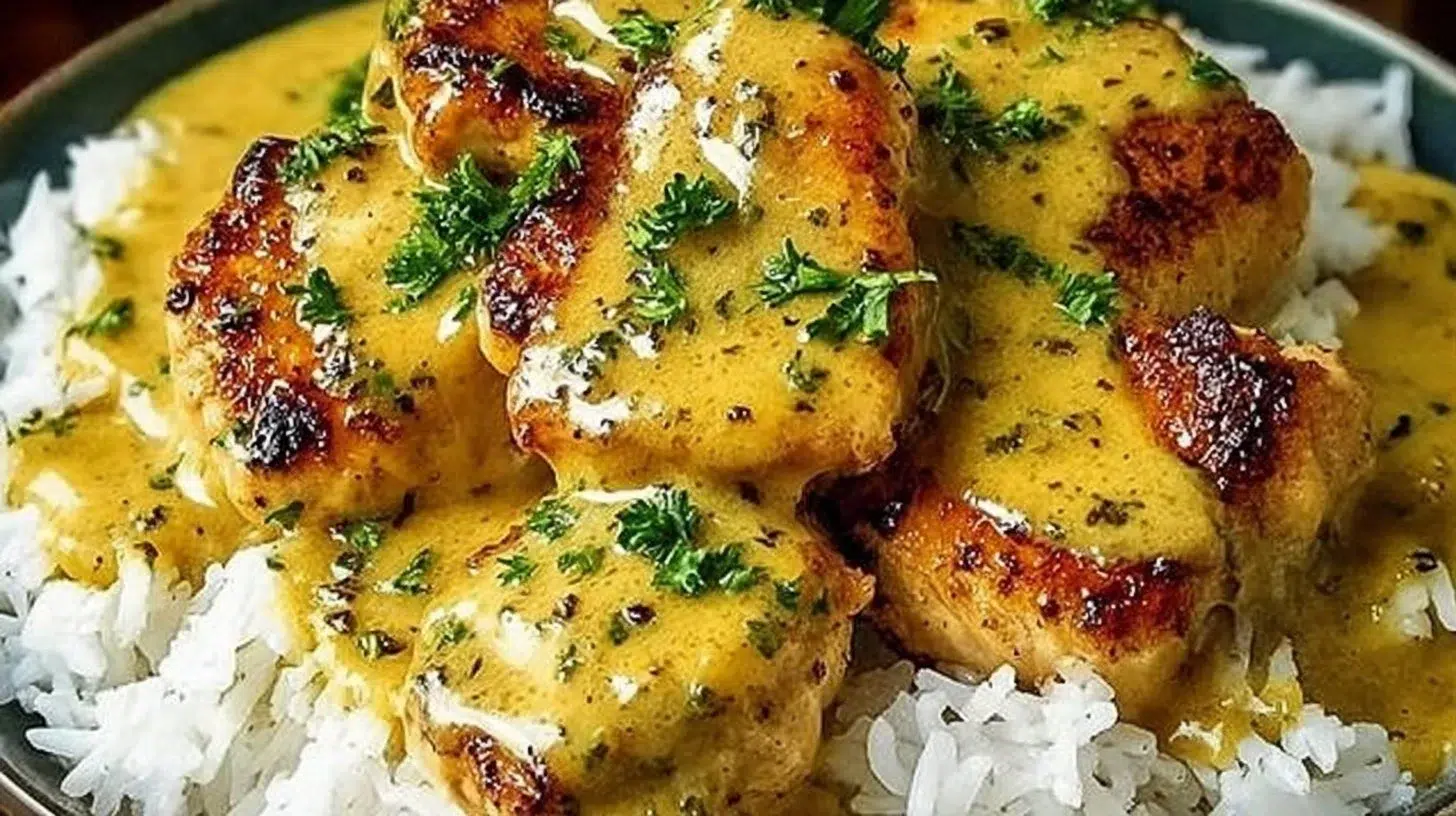 Honey Mustard Chicken served with rice on a plate garnished with herbs