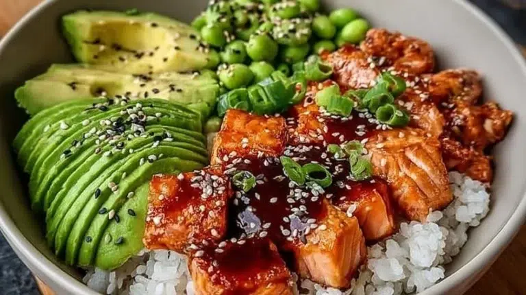 Delicious Honey Sriracha Salmon Bowl with vibrant vegetables and rice