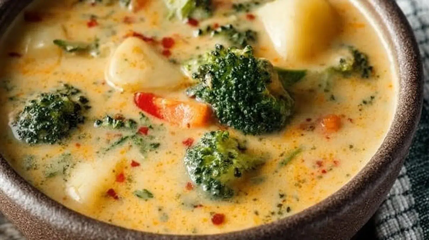 A bowl of low carb high protein soup with vegetables and spices.