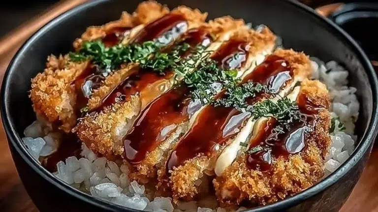 Delicious Japanese Katsu Bowl featuring crispy pork and rice served with sauce.