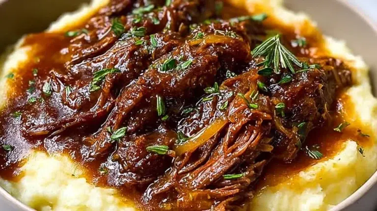 Deliciously plated Juicy French Onion Pot Roast with caramelized onions and herbs