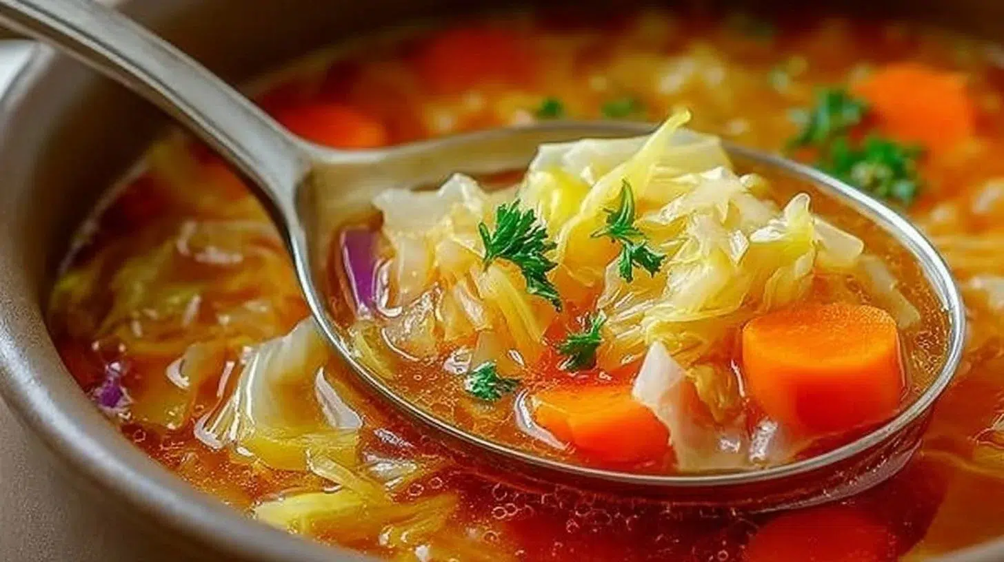 Low Calorie Cabbage Fat Burning Soup bowl with fresh ingredients