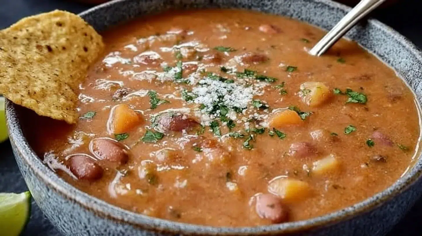 Bowl of Mexican Pinto Bean Soup garnished with cilantro and lime