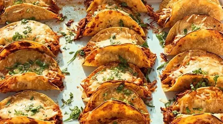 Mini baked chicken tacos served on a platter with toppings