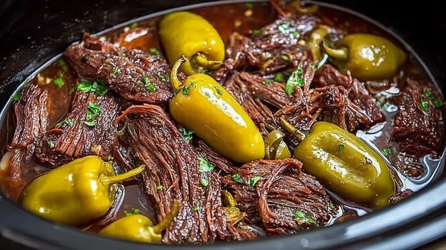 Delicious Mississippi Pot Roast served with vegetables and seasoning.