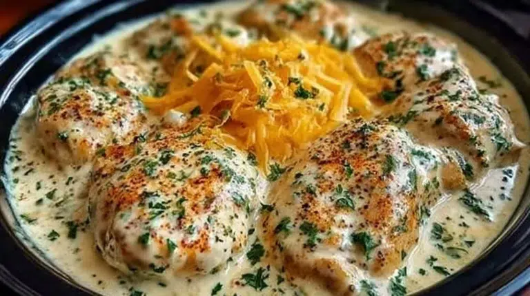 Delicious creamy ranch chicken cooked in a CrockPot.