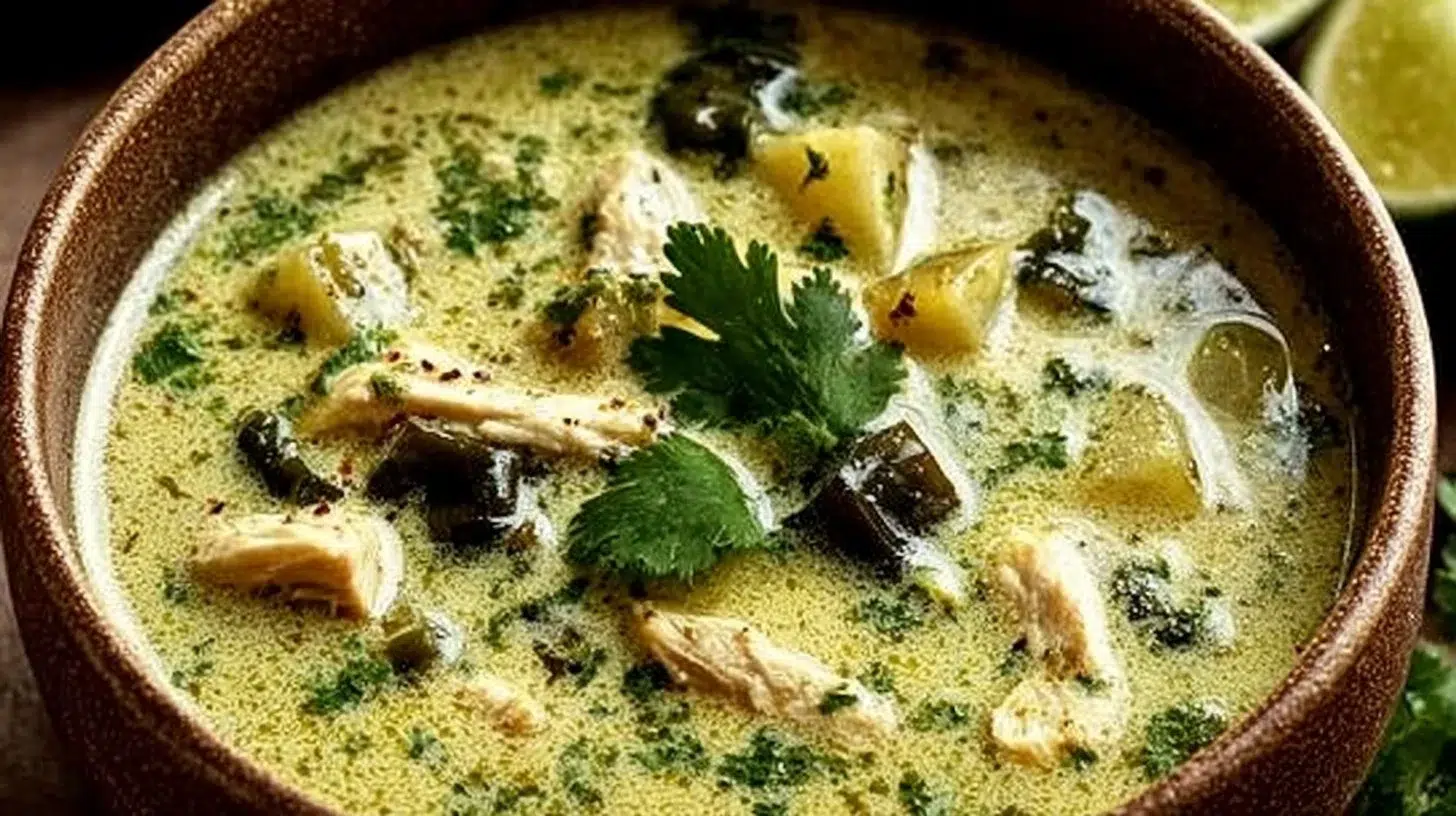 Bowl of delicious roasted poblano soup garnished with fresh herbs.