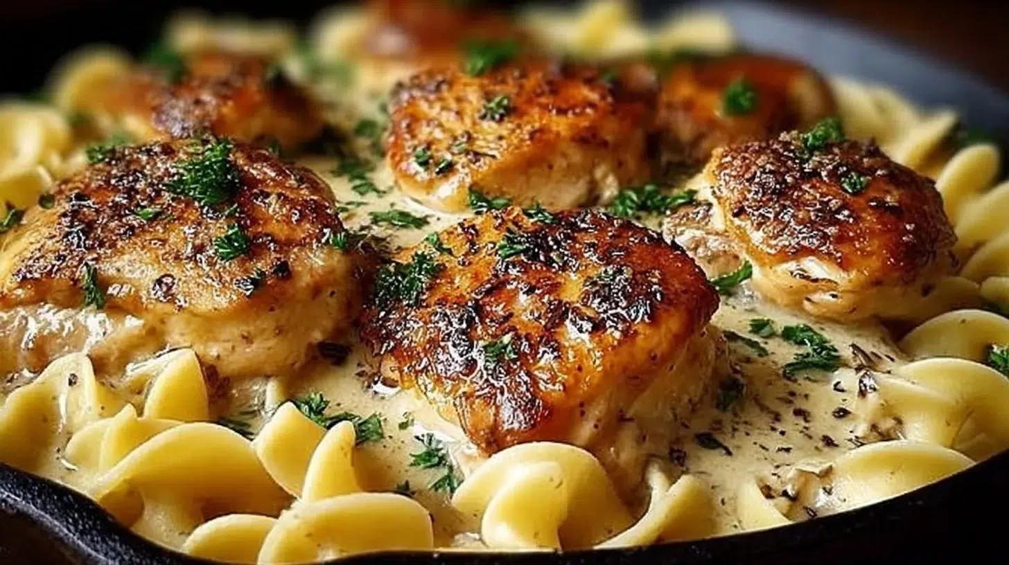 One-pan chicken with buttered noodles recipe showcasing tender chicken and buttery noodles