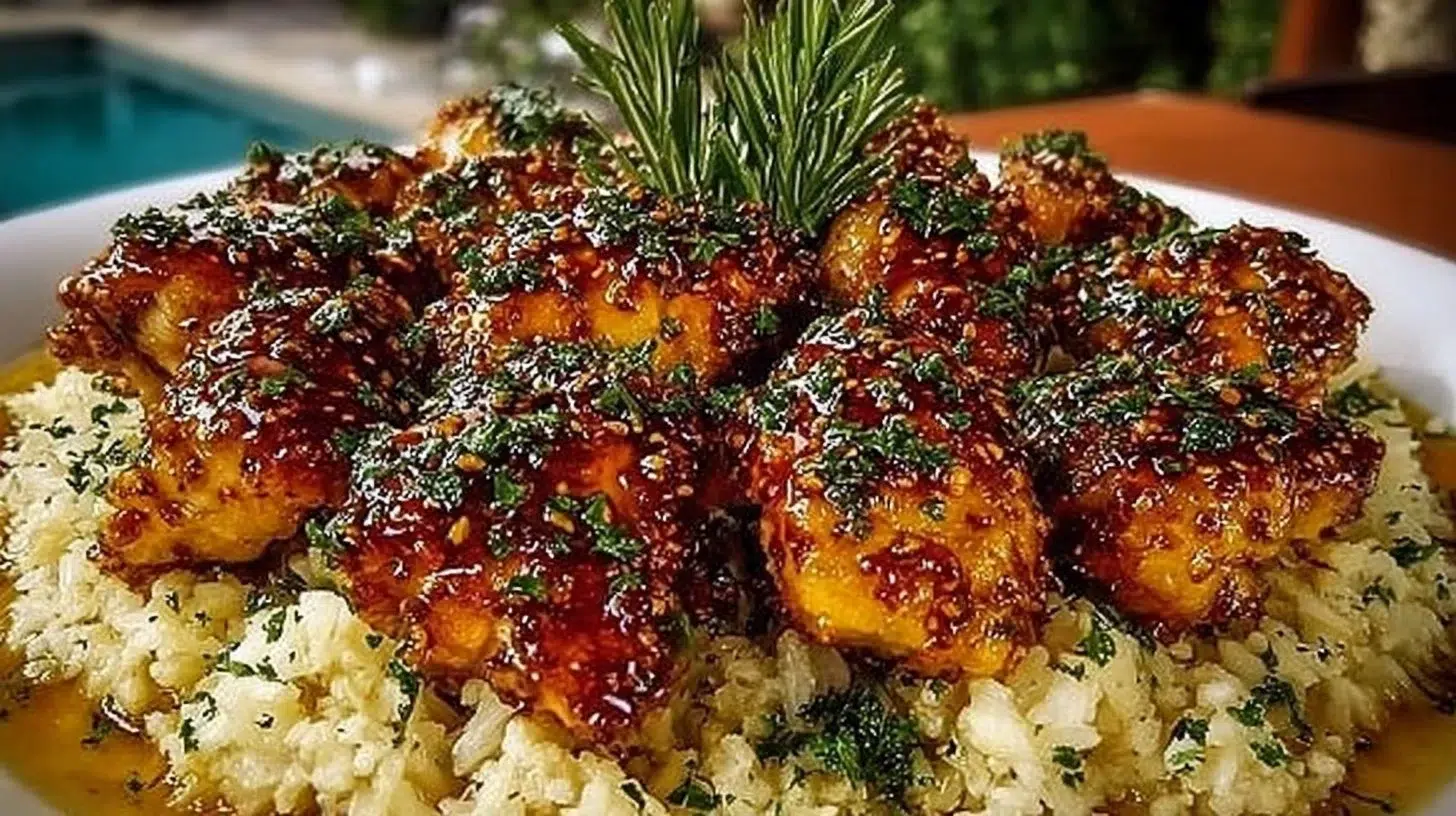 One-Pan Honey Butter Garlic Chicken served with rice on a plate