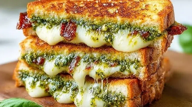 Delicious pesto grilled cheese sandwich with gooey cheese and fresh basil