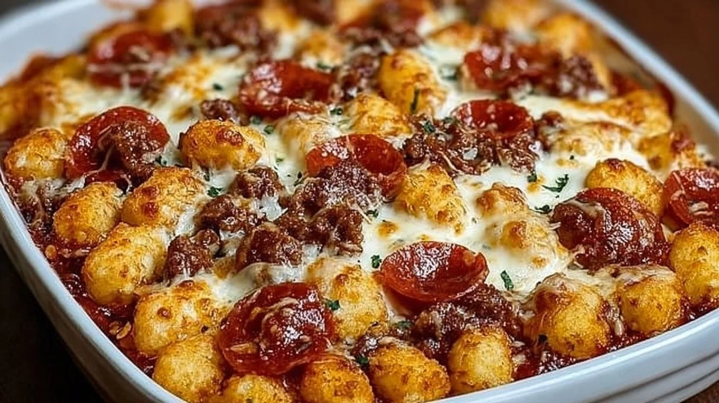 Delicious Pizza Tot Casserole topped with cheese and pepperoni ready to serve