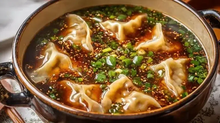 Bowl of savory potsticker soup with dumplings and green onions