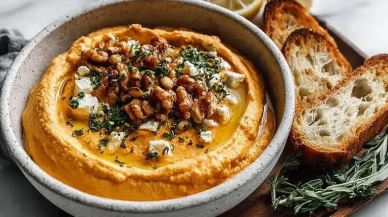 Creamy pumpkin feta dip served with vegetables and crackers for dipping.