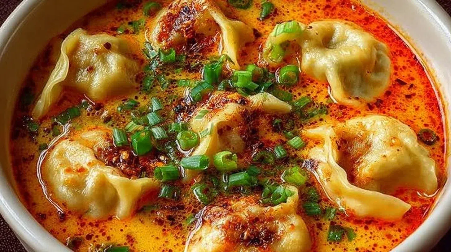 Quick Coconut Curry Soup with Dumplings in a bowl, garnished with herbs