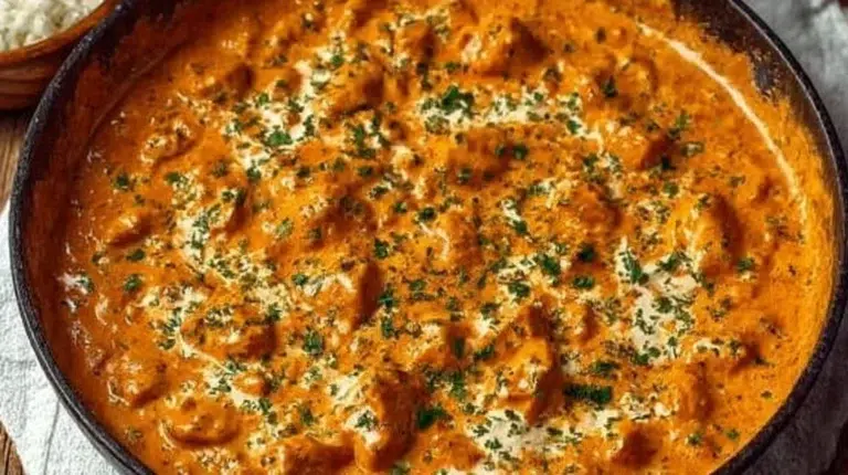 Delicious homemade butter chicken with creamy sauce and spices on a plate.