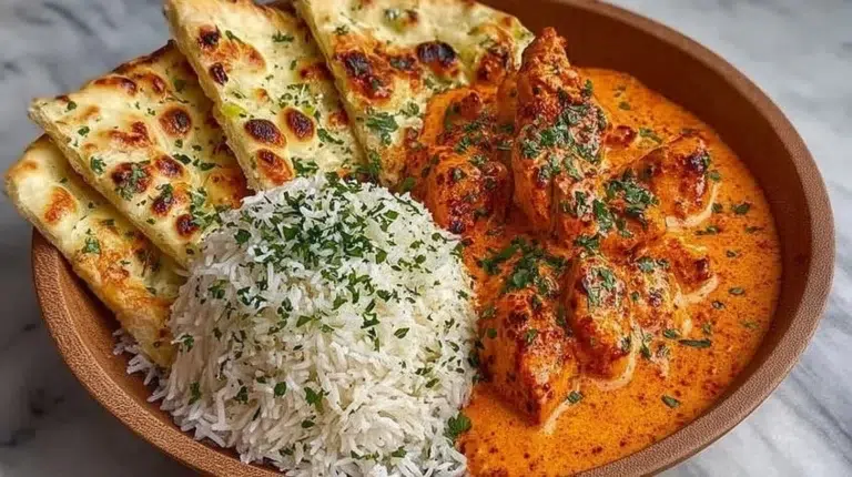 Delicious homemade butter chicken served with rice and naan.