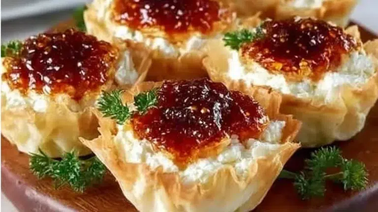 Quick pepper jelly dip served with cream cheese and crackers for appetizers
