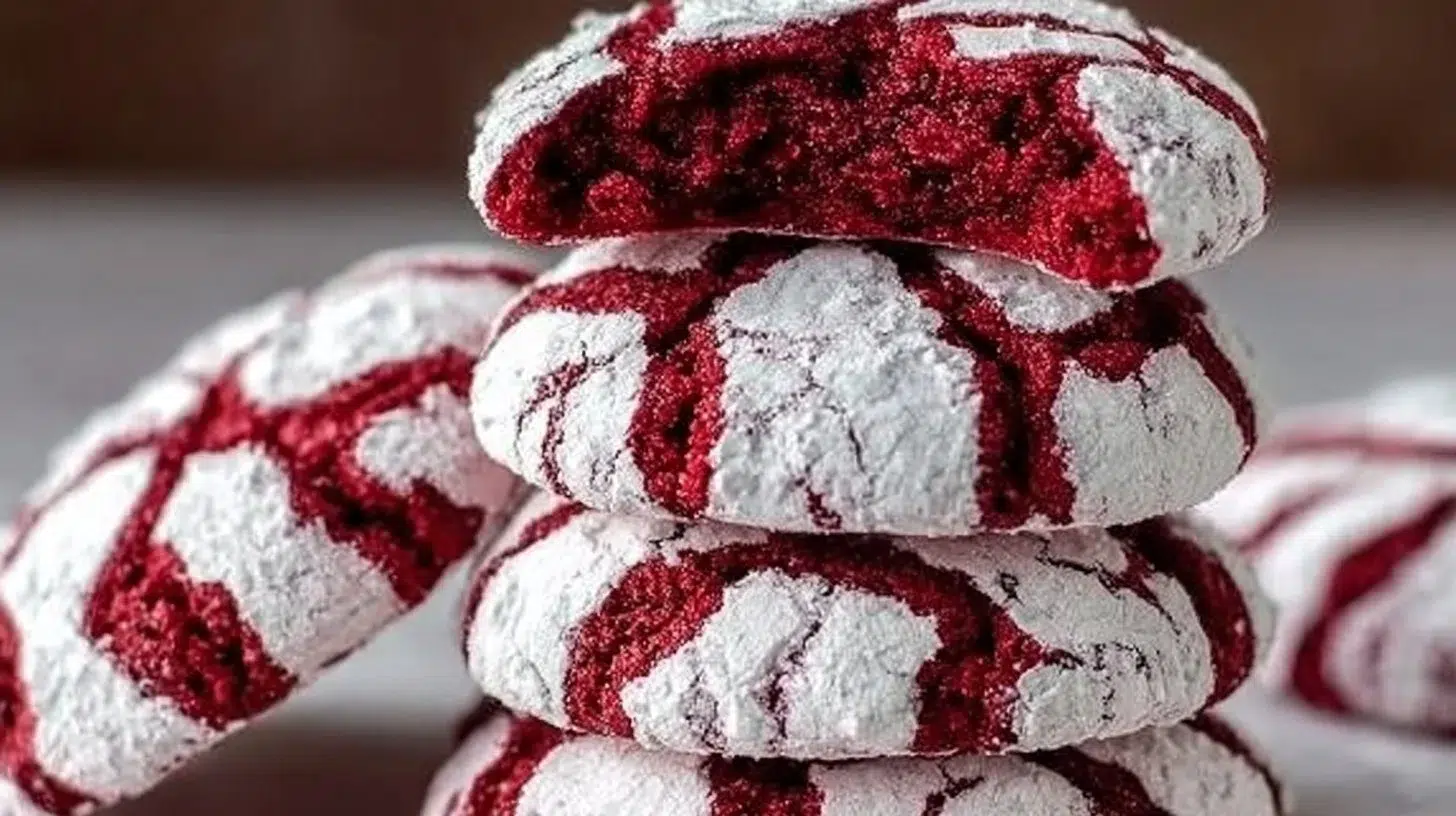 Delicious Red Velvet Crinkle Cookies with a rich texture and vibrant color.