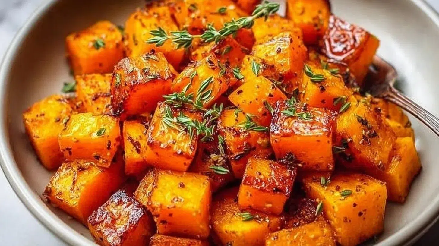 Roasted butternut squash served on a plate with herbs.