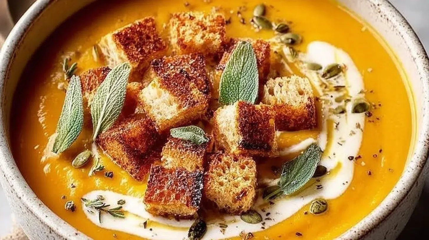 Bowl of sage roasted butternut squash soup garnished with fresh herbs