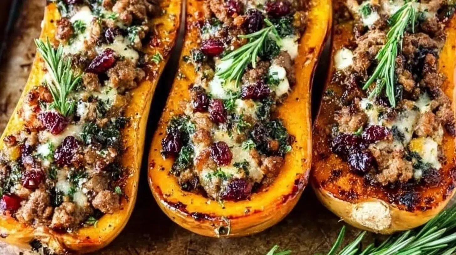 Sausage stuffed butternut squash garnished with herbs on a wooden table