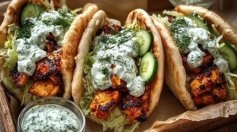 Sheet pan chicken pitas with herby ranch served on a plate