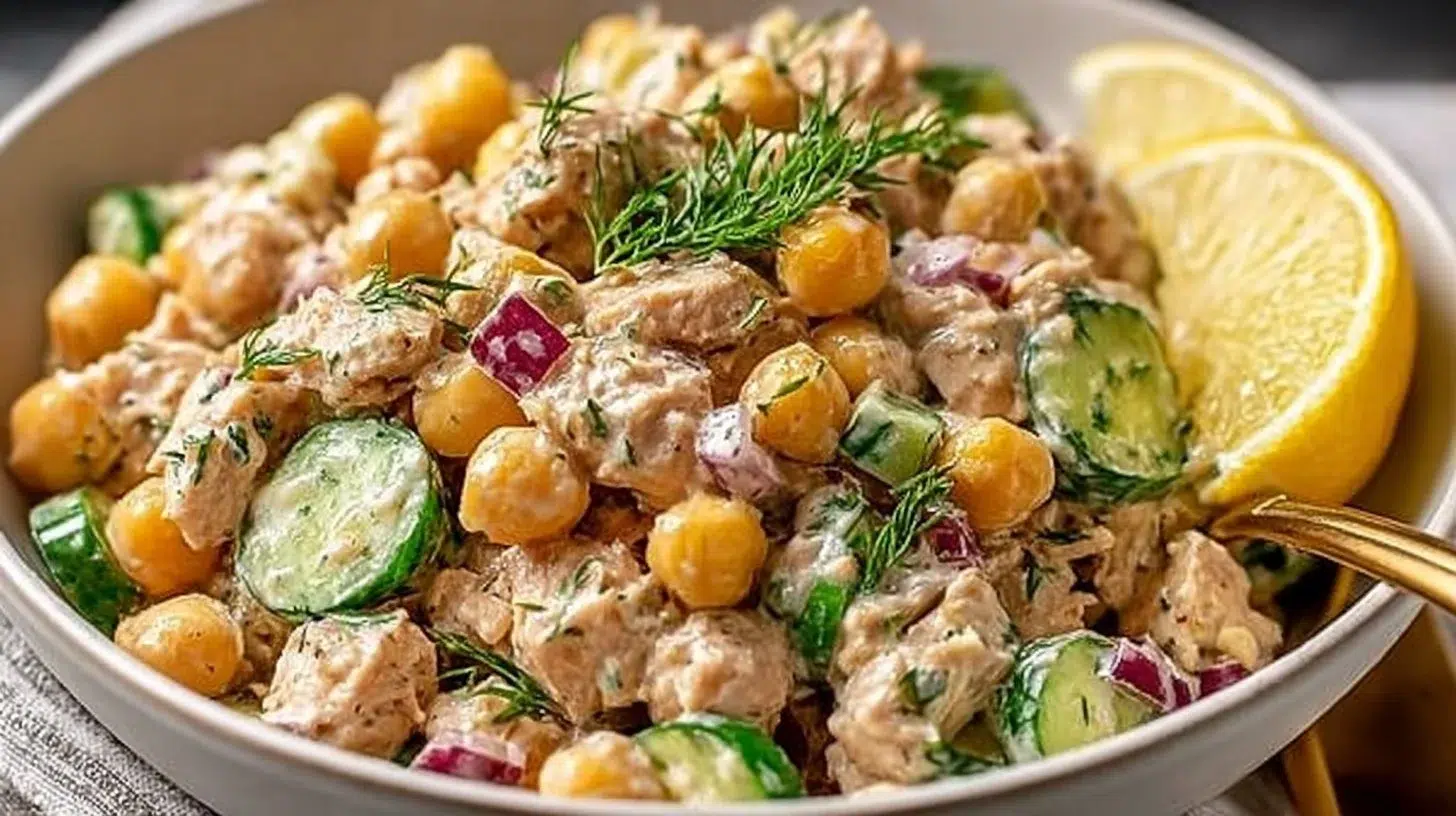 A delicious bowl of simple Tuna Chickpea Salad with fresh ingredients.