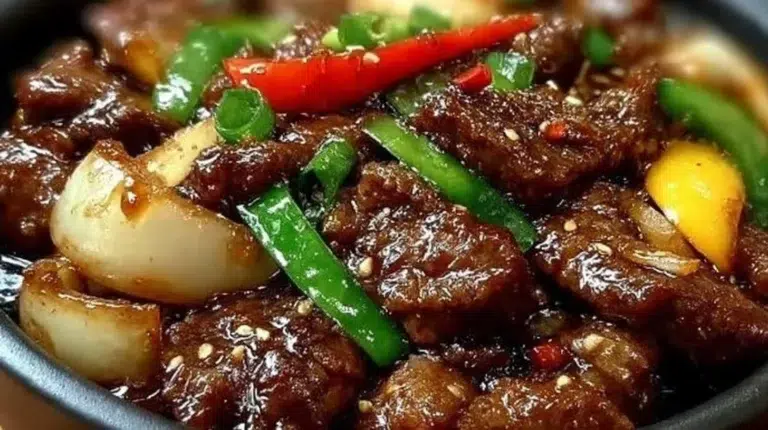 Sizzling Chinese Pepper Steak served with onions on a plate