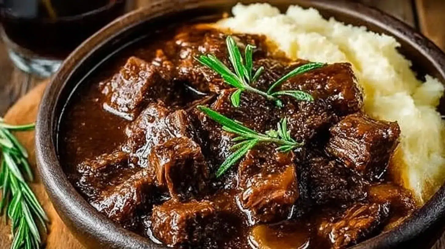 Delicious Slow Cooker Beef Manhattan served on a plate with vegetables.