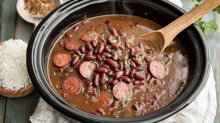 Bowl of Slow Cooker Cajun Red Beans and Rice garnished with green onions