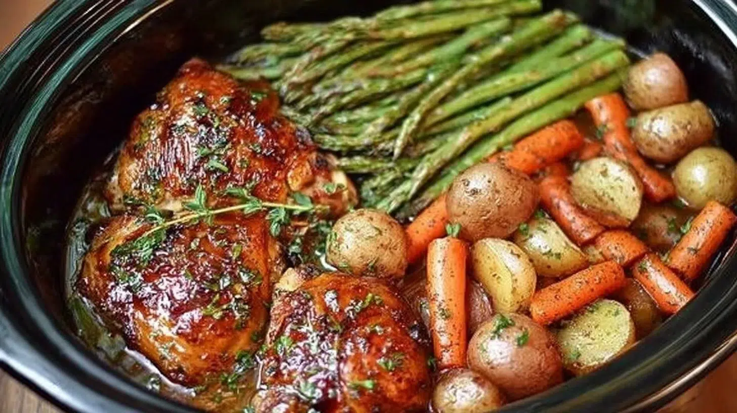 Slow cooker honey garlic chicken and veggies dish ready to serve